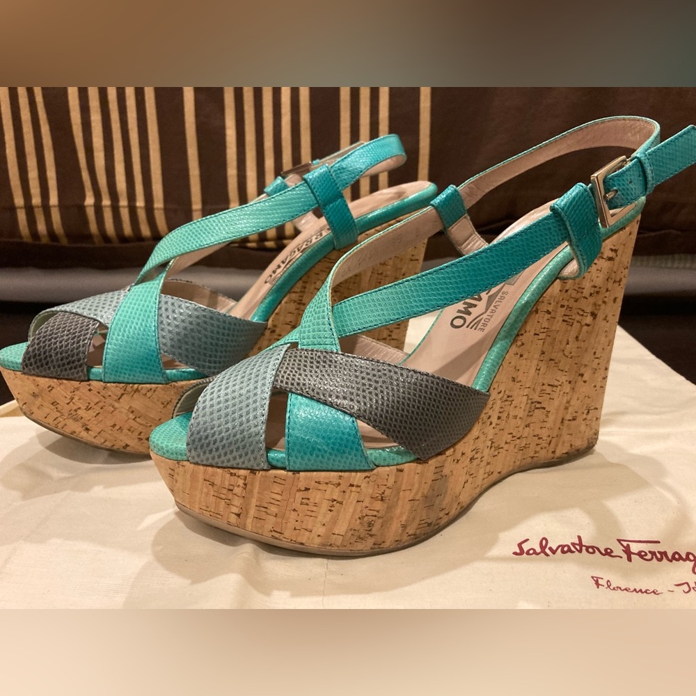 Authentic Salvatore Ferragamo 4 inch blue wedge sandals. Size 8B